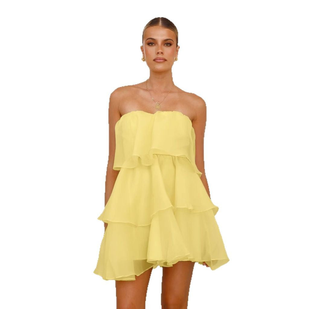 Damen luftiger Trendkleid mit Volant und schulterfreiem Design R&B