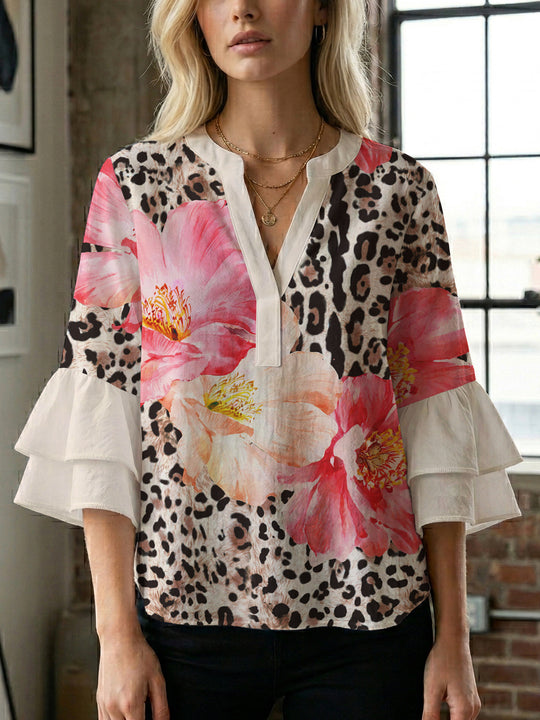 Damen lässige Bluse mit Volantärmeln und botanischem Druck R&B
