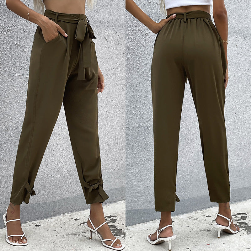 Damen lockere Culotte-Hose mit eleganten Schleifen-Details und Bindegürtel R&B
