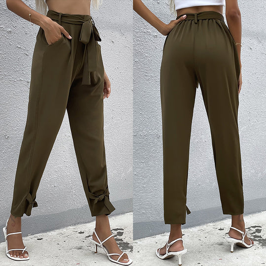 Damen lockere Culotte-Hose mit eleganten Schleifen-Details und Bindegürtel R&B