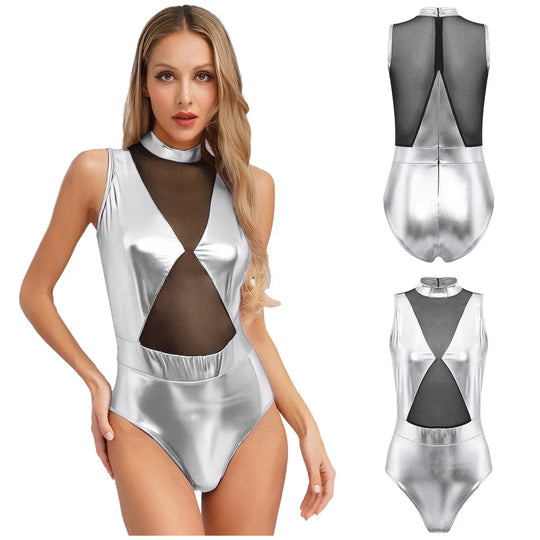 Damen Einteiler Badeanzug mit transparenten Einsätzen und schimmerndem Design R&B