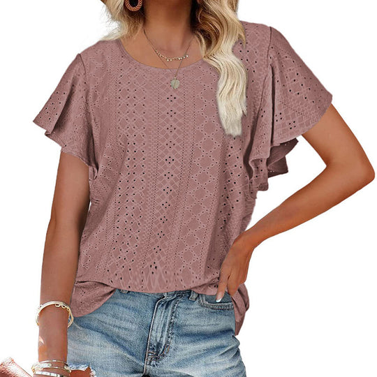 Damen Kurzärmlige Bluse mit Rüschendetails und Lochmuster R&B