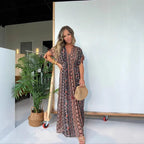 Damen elegantes Maxikleid mit modischem Print und V-Ausschnitt R&B