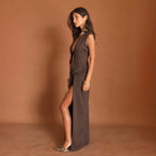 Damen Maxikleid mit tiefem V-Ausschnitt und seitlichem Schlitz R&B