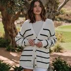 Damen Strickcardigan mit V-Ausschnitt und groben Streifen R&B