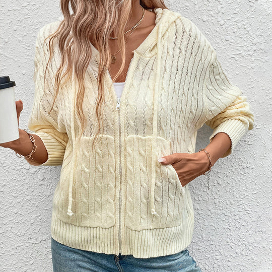 Damen gestreifte Strickjacke mit Reißverschluss und Kapuze R&B