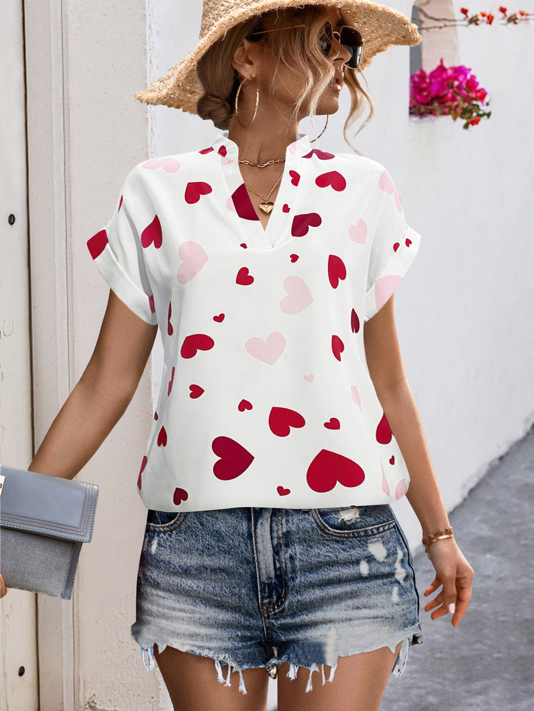 Damen luftiges Blusenshirt mit herzförmigem Print und lockerer Passform R&B