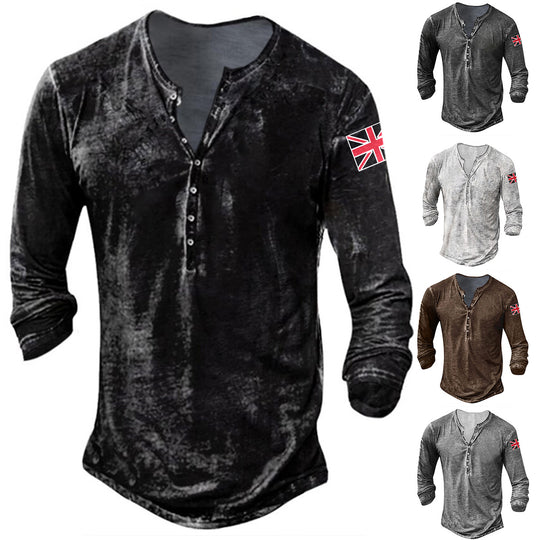 Herren modisches Langarmhemd mit Knopfleiste und Flaggenapplikation R&B