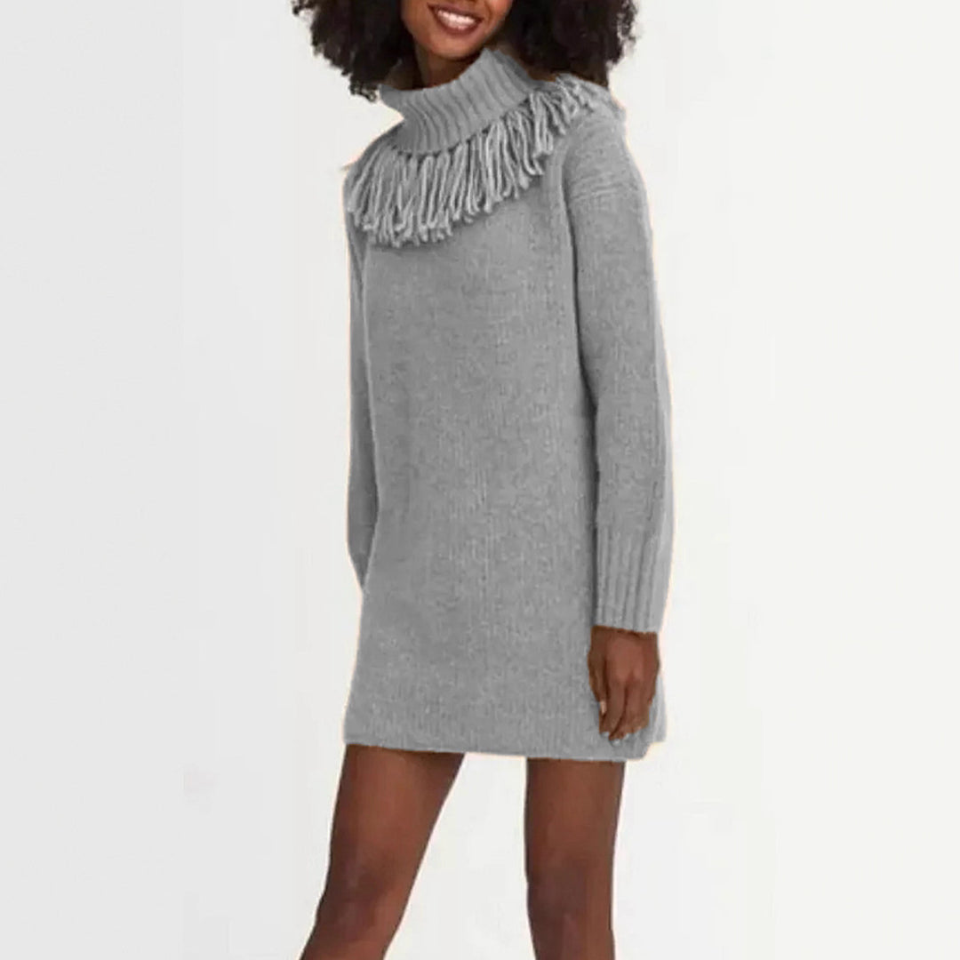Damen Strickkleid mit hohem Rollkragen und modischen Fransen R&B
