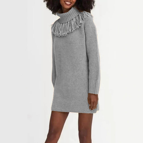Damen Strickkleid mit hohem Rollkragen und modischen Fransen R&B