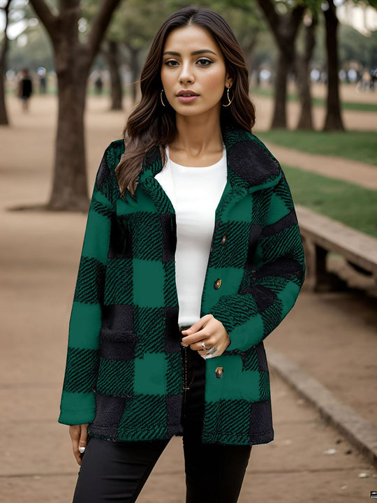Damen Kuschelige Karojacke mit Druckknopfverschluss und Seitentaschen R&B