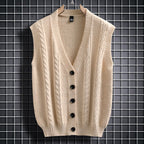 Herren ärmellose Strickjacke mit Zopfmuster und Knopfdetails R&B