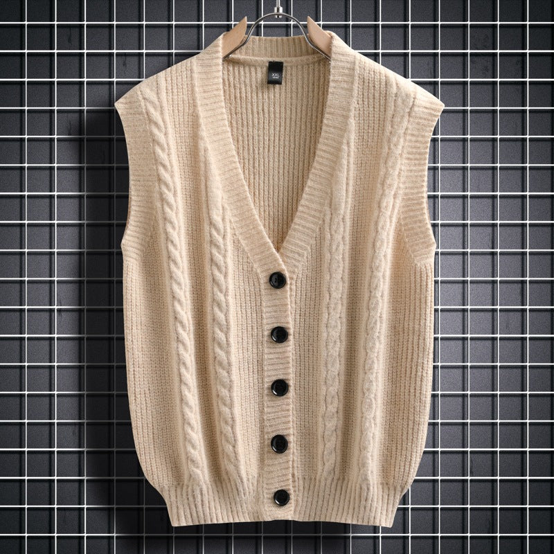 Herren ärmellose Strickjacke mit Zopfmuster und Knopfdetails R&B