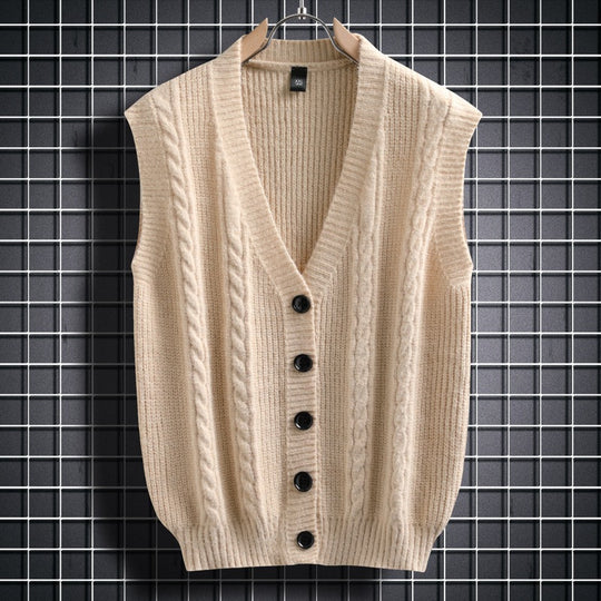 Herren ärmellose Strickjacke mit Zopfmuster und Knopfdetails R&B