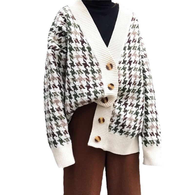 Damen Karierte Strickjacke mit Vintage-Knöpfen R&B