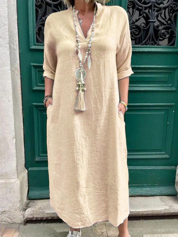 Damen Lässiges Kaftan-Kleid mit seitlichen Taschen und modischem V-Ausschnitt R&B