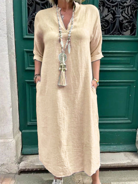 Damen Lässiges Kaftan-Kleid mit seitlichen Taschen und modischem V-Ausschnitt R&B