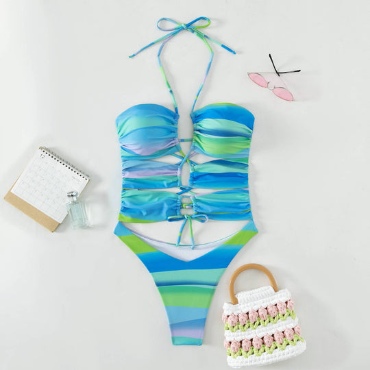 Damen Cut-Out Badeanzug mit Raffung und Trendfarben R&B