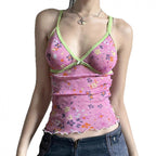 Damen gerafftes Spaghetti-Top mit floralem Muster und feinen Spitzenakzenten R&B