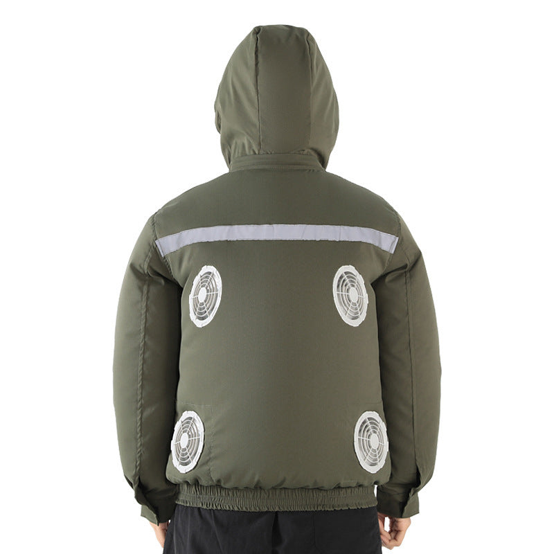 Unisex nan ventilated jacket for work and outdoor with integrated USB fans, battery compartment and hood R&B