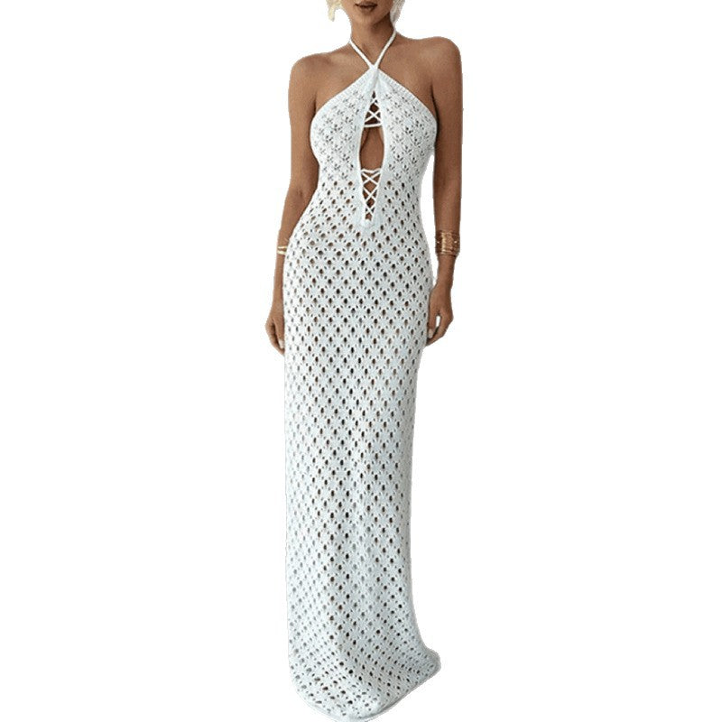 Damen Häkel-Maxi-Kleid mit innovativem Ausschnitt und seitlichen Cut-Outs R&B