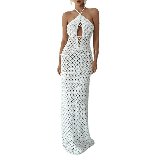 Damen Häkel-Maxi-Kleid mit innovativem Ausschnitt und seitlichen Cut-Outs R&B