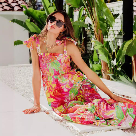 Damen Maxi-Kleid mit floralen Mustern und Trägerdetails R&B