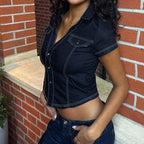 Damen Stylisches Jeanshemd mit taillierter Passform und kurzen Ärmeln R&B