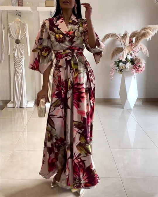Damen nan Maxikleid mit Reverskragen, Kimonoärmeln und taillierendem Bindegürtel R&B