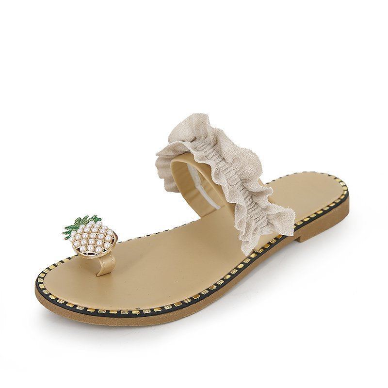 Damen Riemchen-Sandalen mit dekorativem Rüschendetail und Perlenschmuck R&B