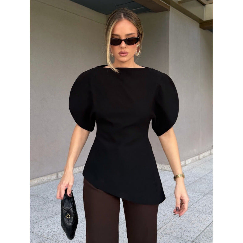 Damen Bluse mit voluminösen Puffärmeln und asymmetrischem Saum R&B