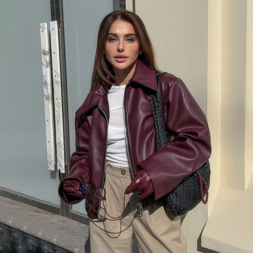 Damen Kunstlederjacke mit weitem Schnitt und feinem Kragen R&B