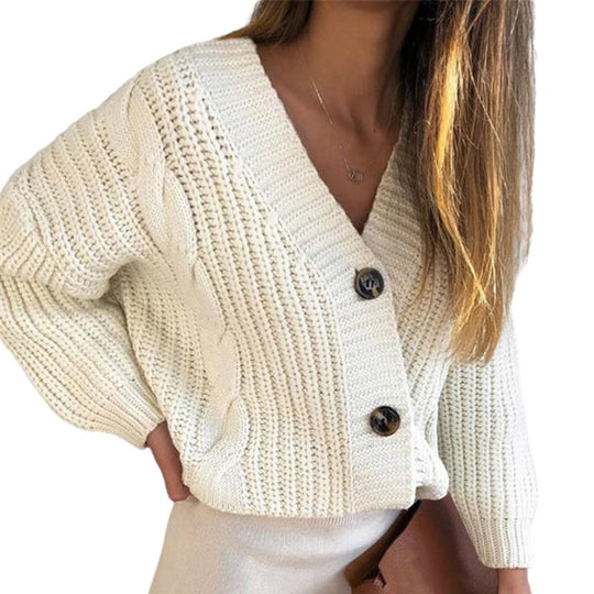 Damen Strickjacke mit einem modernen V-Ausschnitt und dekorativen Knopfdetails R&B