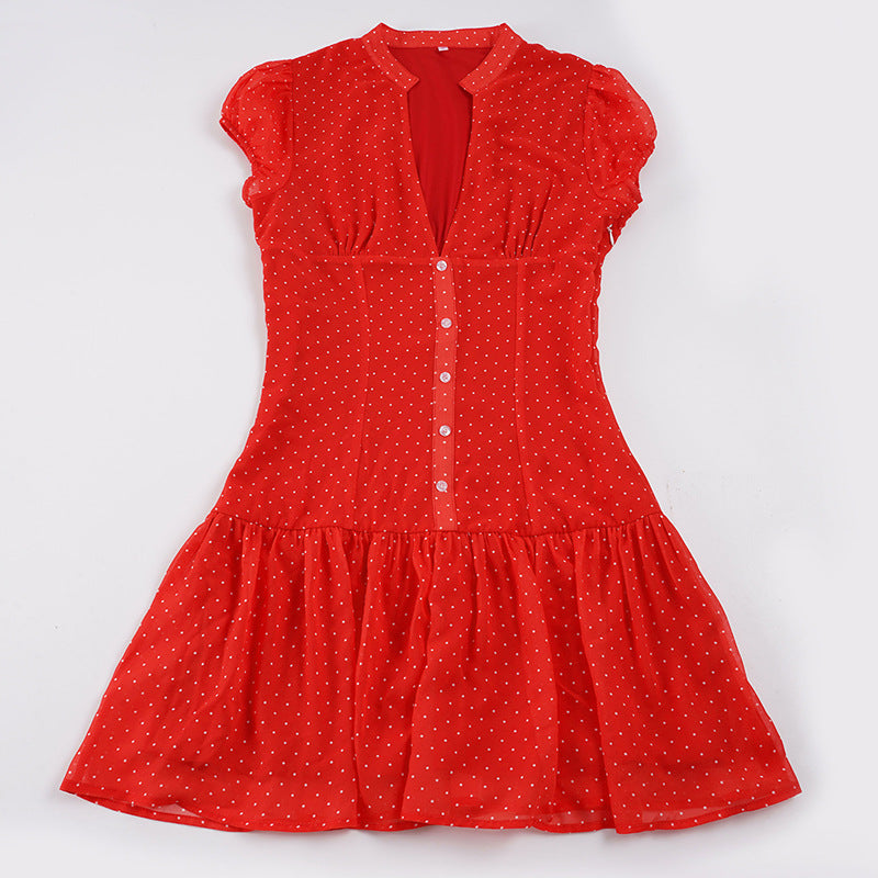 Damen verspieltes Polka Dot Kleid mit knopfbarem Ausschnitt und voluminösem Saum R&B