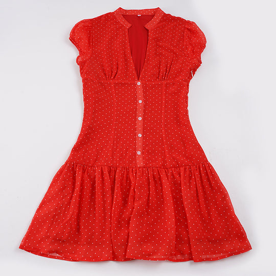 Damen verspieltes Polka Dot Kleid mit knopfbarem Ausschnitt und voluminösem Saum R&B