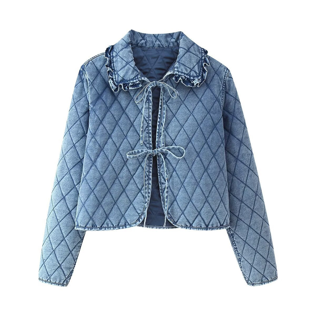 Damen gesteppte Denim-Jacke mit fransigem Kragen R&B