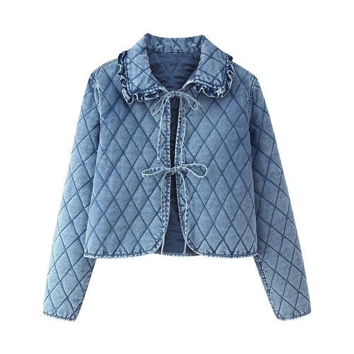 Damen gesteppte Denim-Jacke mit fransigem Kragen R&B