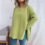 Damen lässiger V-Ausschnitt Pullover mit stylishen Rippdetails R&B
