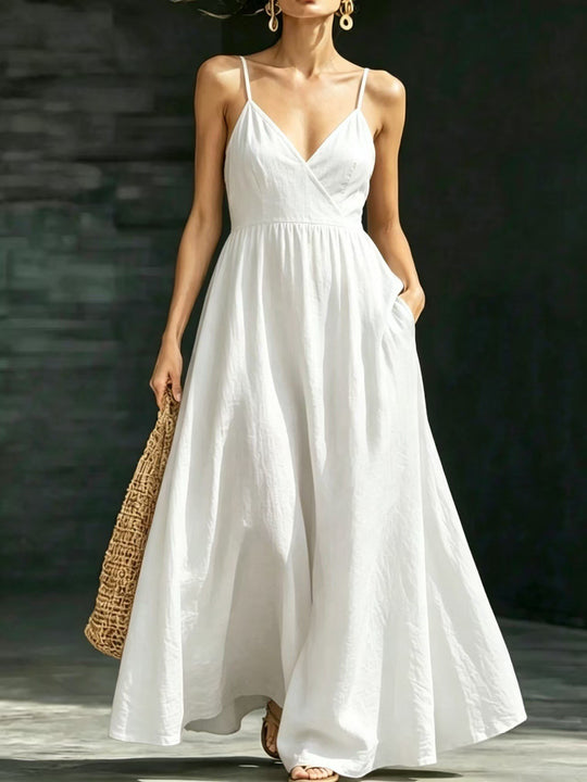 R&B Damen Sommerkleid Midikleid Spaghettiträger V-Ausschnitt