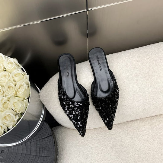 Damen elegante Mules mit glamourösem Paillettenbesatz R&B