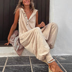 Damen Lässiger Jumpsuit mit Kapuze und Knopfverschluss R&B