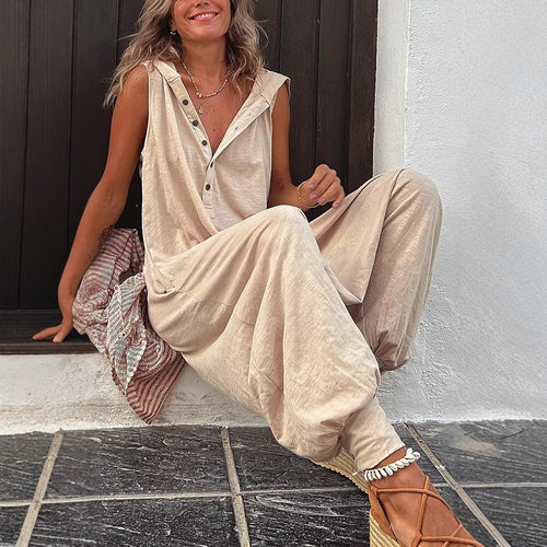 Damen Lässiger Jumpsuit mit Kapuze und Knopfverschluss R&B