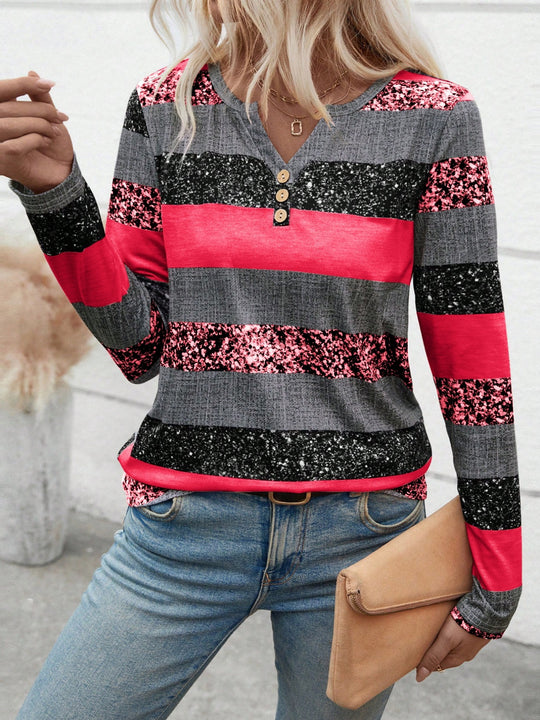 Damen Langarmshirt mit schimmernden Streifen und Knopfdetails R&B
