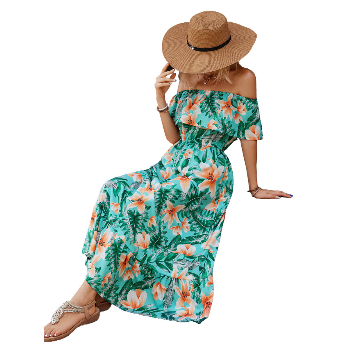 Damen Off-Shoulder Maxikleid mit floralem Design und elastischem Taillenbund R&B