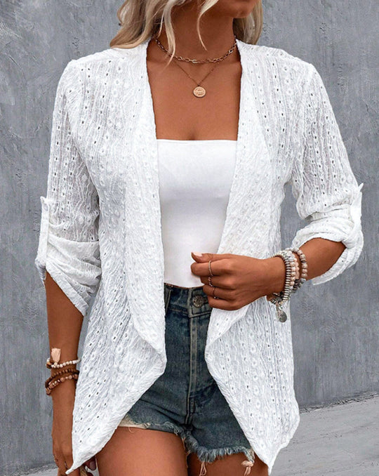 Damen nan leichter Ajourstrick-Blazer mit Wasserfallfront und krempelbaren Ärmeln R&B