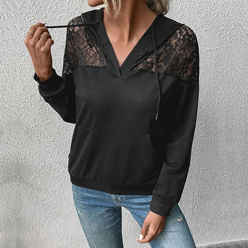 Damen Kapuzenpullover mit Spitzenbesatz und Kängurutasche R&B