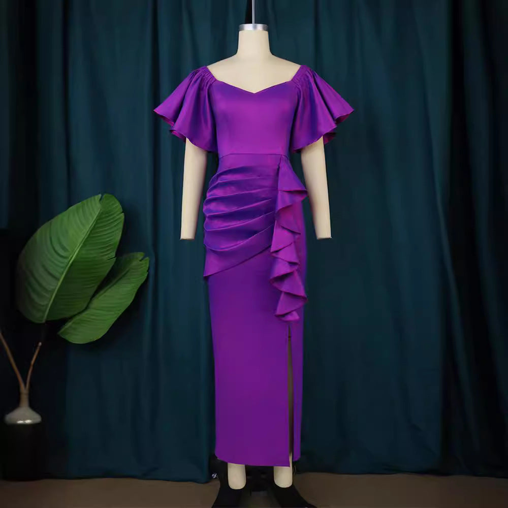 Damen Elegantes Maxikleid mit voluminösen Ärmeln und asymmetrischem Rüschen-Design R&B