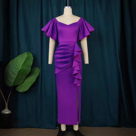 Damen Elegantes Maxikleid mit voluminösen Ärmeln und asymmetrischem Rüschen-Design R&B