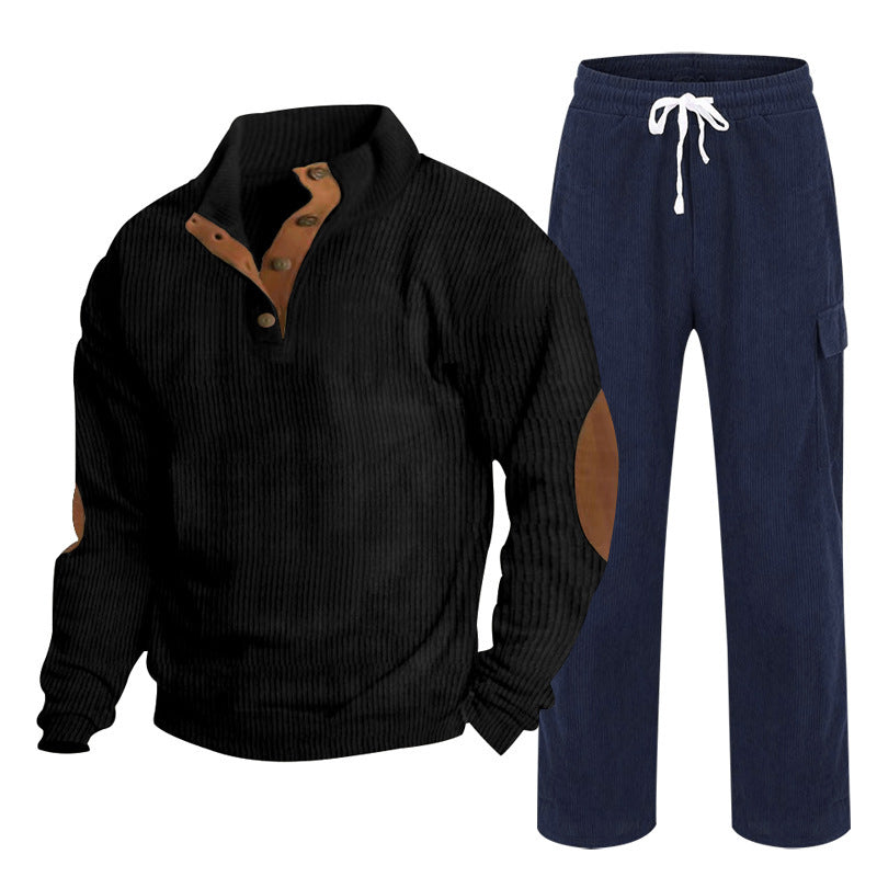 Herren nan Strick-Freizeitset mit Knopfleiste und Ellenbogenaufnähern sowie Cord-Cargohose R&B