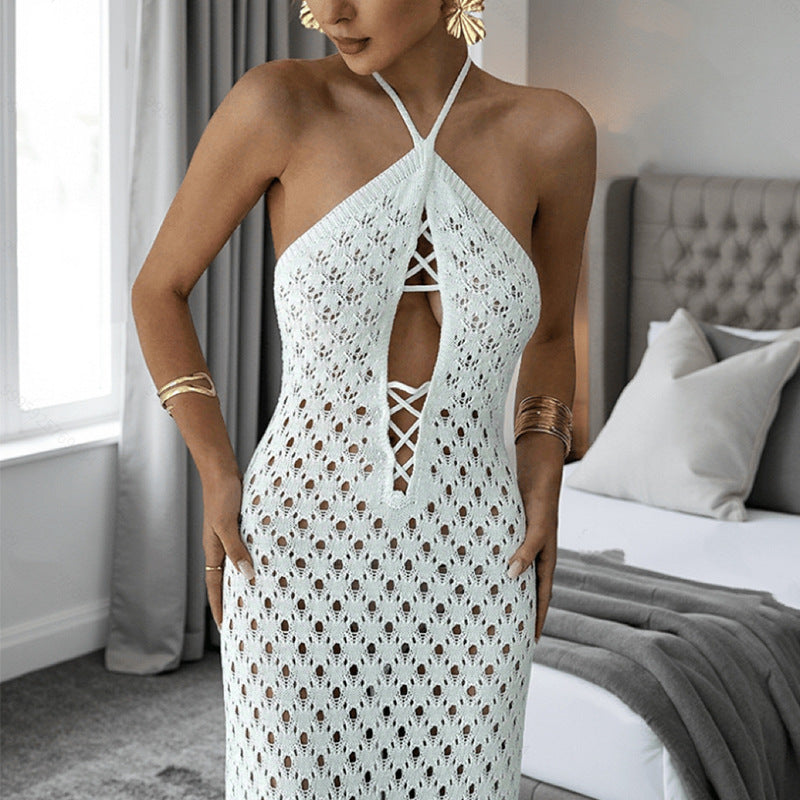 Damen Häkel-Maxi-Kleid mit innovativem Ausschnitt und seitlichen Cut-Outs R&B
